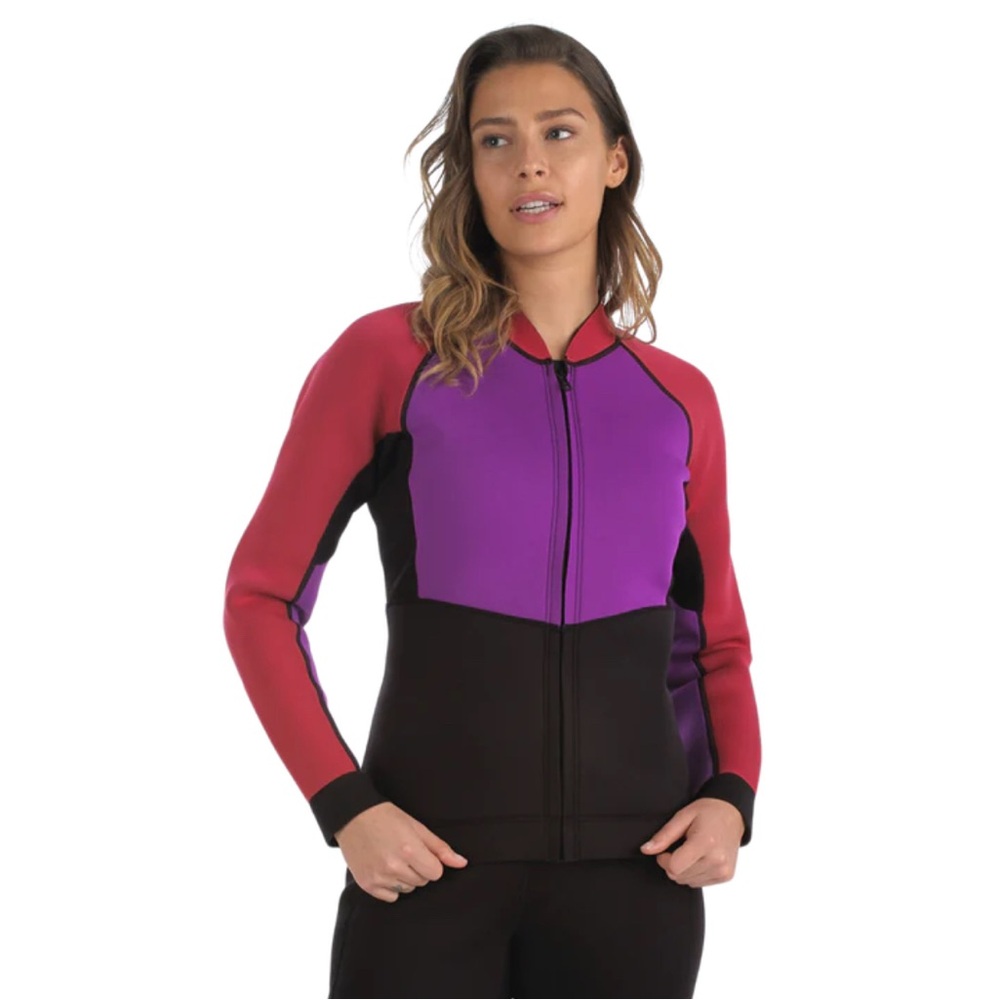 Vibrant Women's Bomber Jacket in Red, Purple, and Black